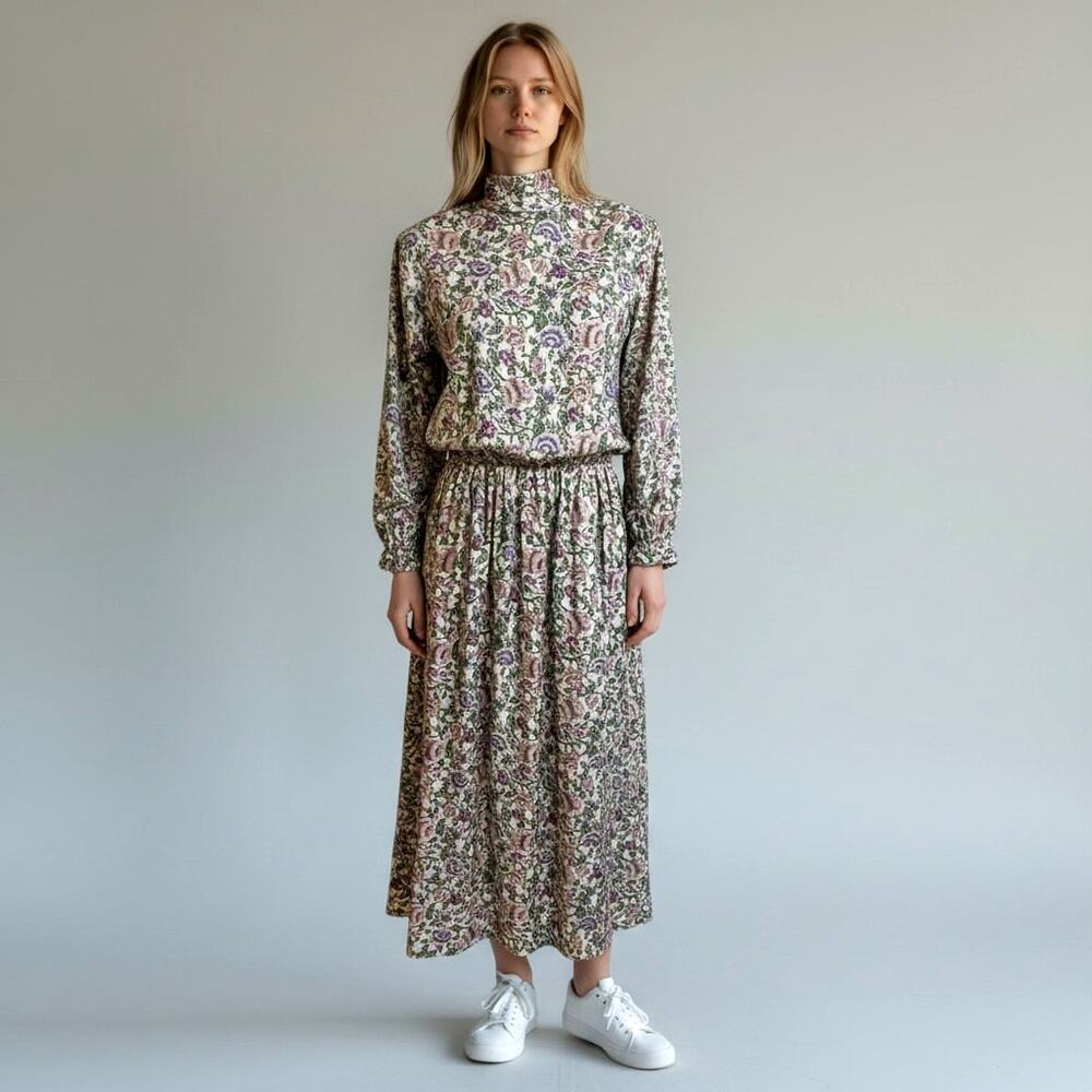 Vintage J.G. Hook Dress Size 8 100% Rayon Floral Maxi Cottagecore Made Korea